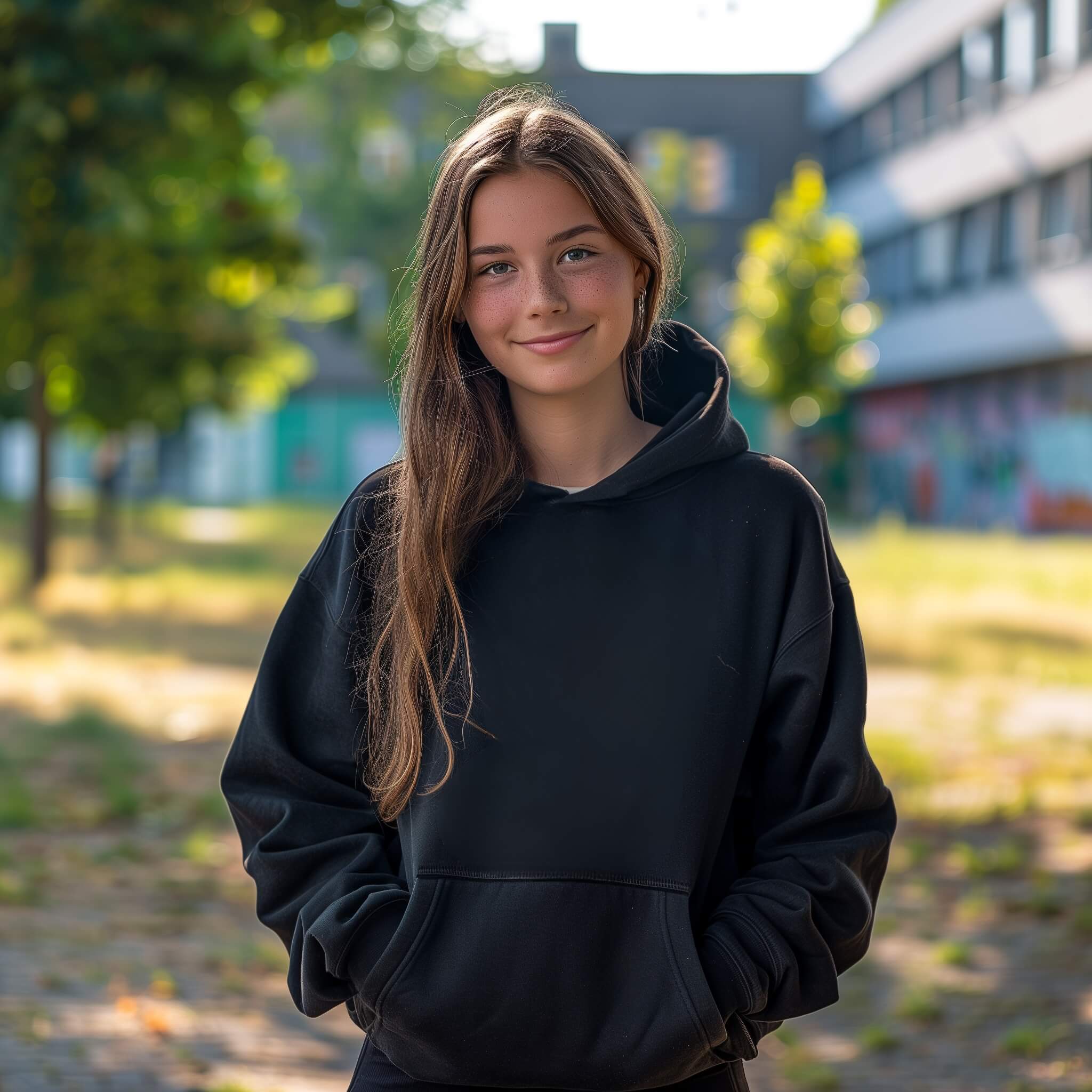 Ein Abschluss Hoodie wird in seiner Form dargestellt, welcher von einer jungen Frau getragen wird